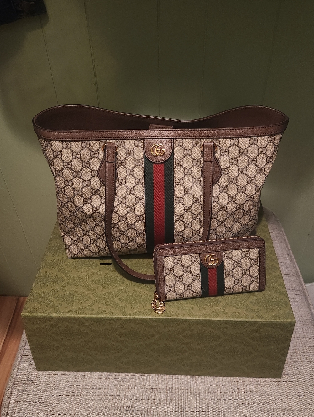 Gucci Beige GG Supreme Tote with Brown Trim and Red-Green Stripe